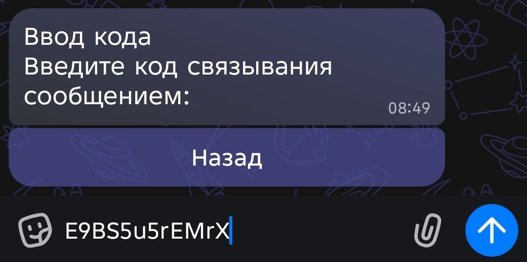 Экран ввода кода, где код вставлен в строку сообщения перед отправкой