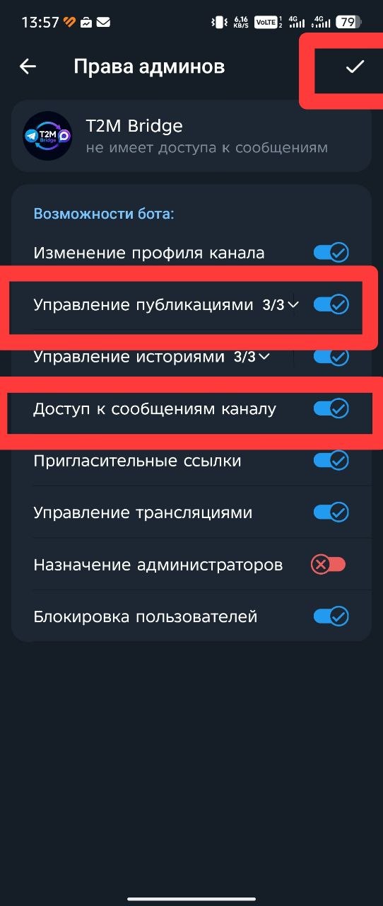 Экран прав администратора для бота T2M Bridge с нужными разрешениями