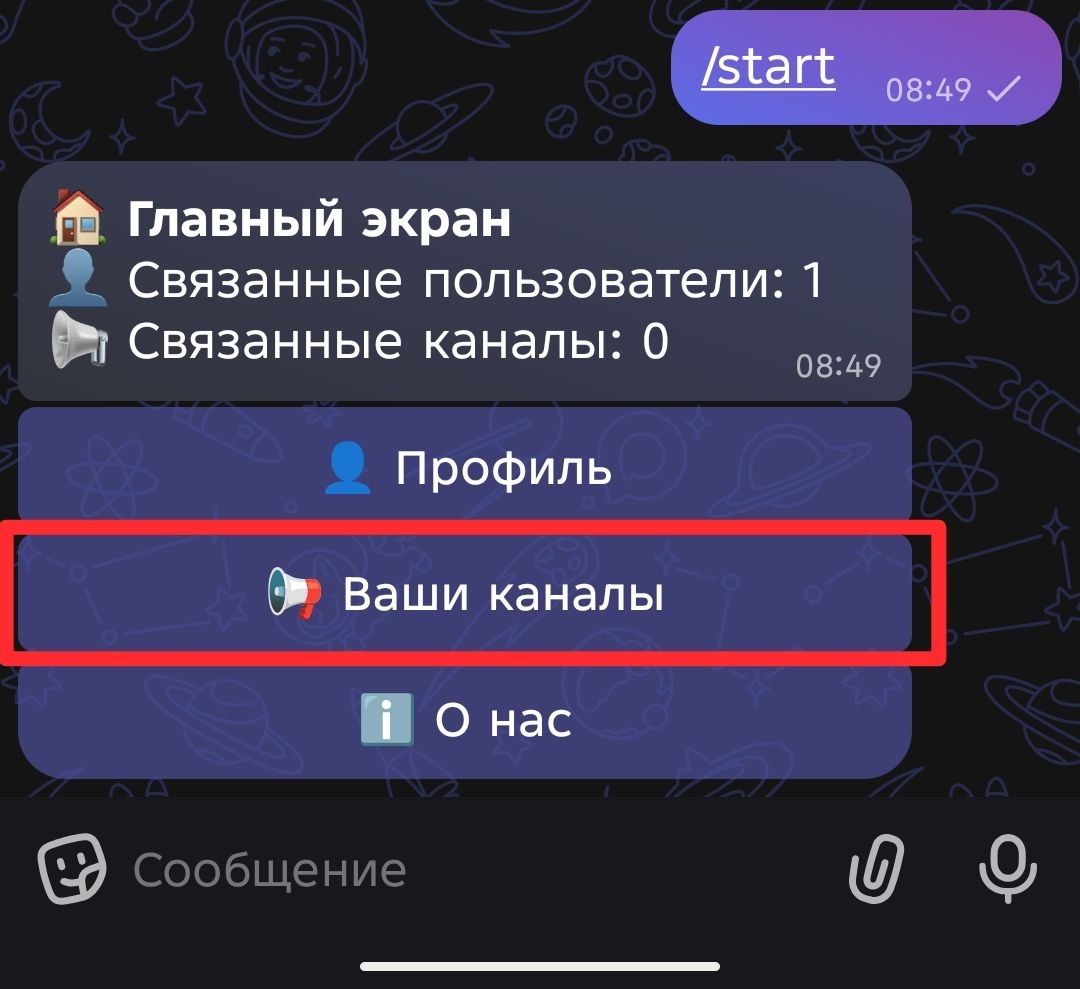 Главный экран бота с выделенной кнопкой Ваши каналы